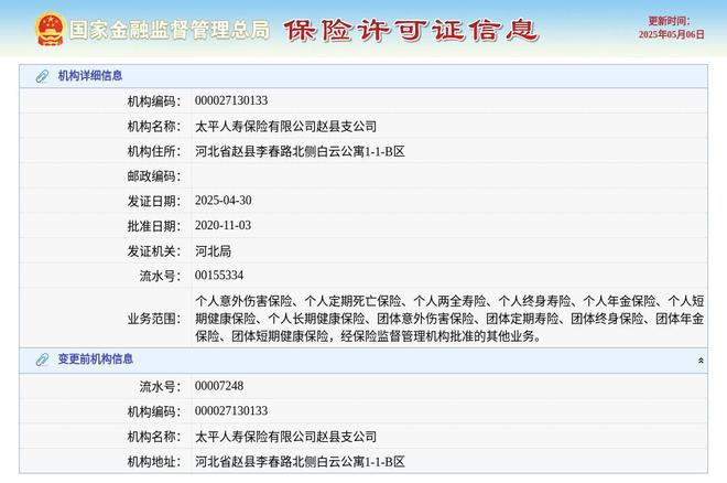 九游娱乐文化：太平人寿保险有限公司赵县支公司换发保险许可证发证日期2025年4月30日(图1)